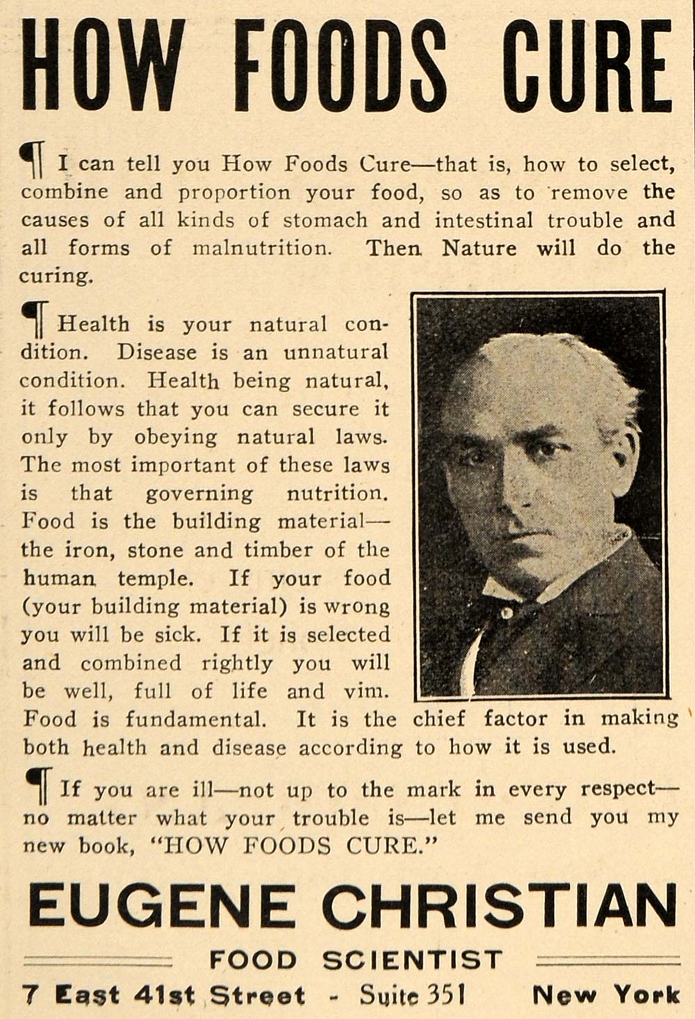 1910 Ad Eugene Christian Food Scientist Health Nature - ORIGINAL TIN4