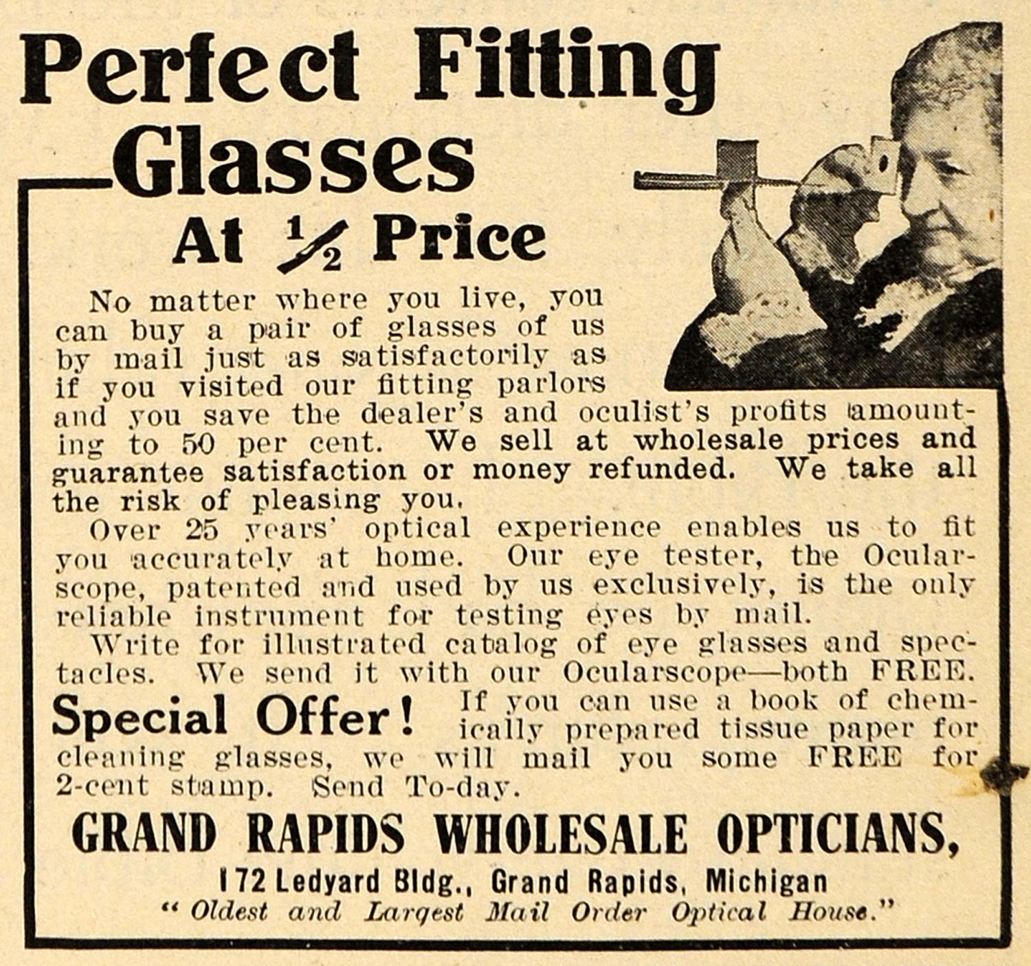 1909 Ad Glasses Grand Rapids Eye Ocularscope Michigan - ORIGINAL TIN4