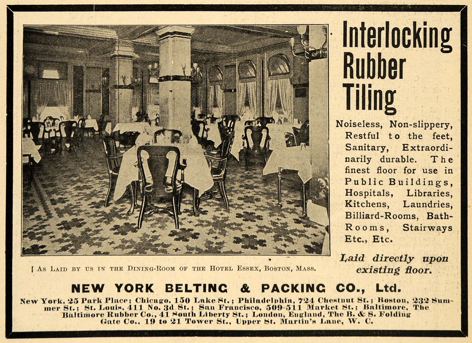 1903 Ad Interlocking Rubber Tiling Hotel Essex Belting - ORIGINAL TIN4