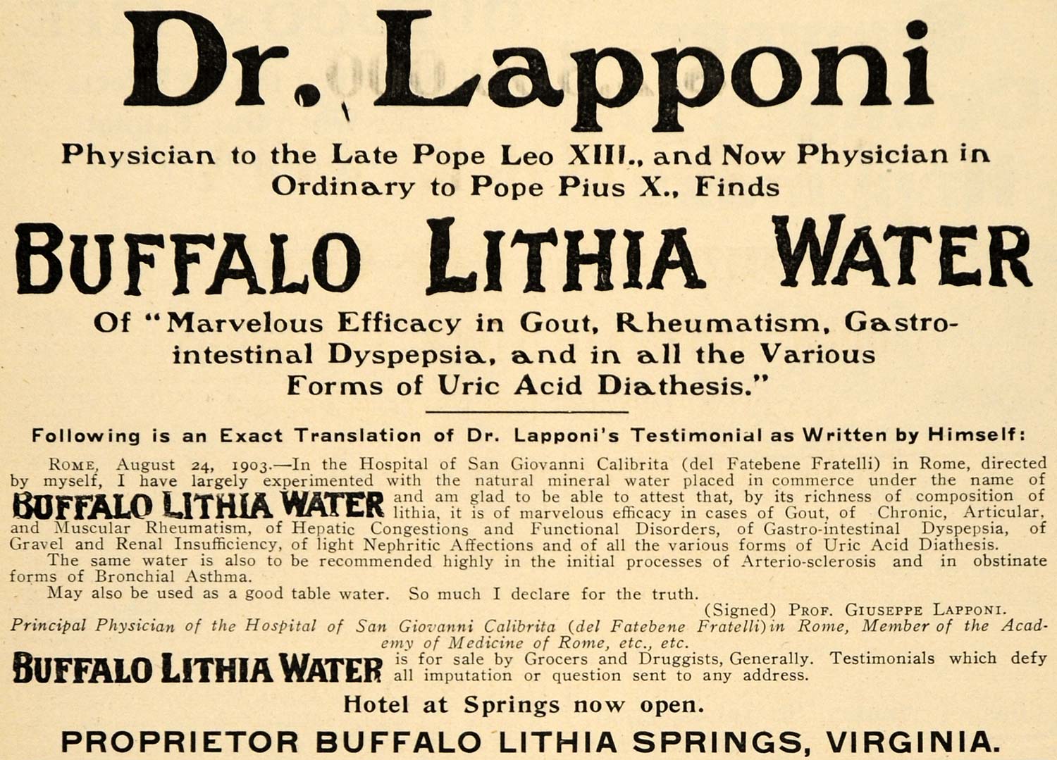 1906 Ad Dr Lapponi Buffalo Lithia Water Virginia Health - ORIGINAL TIN4