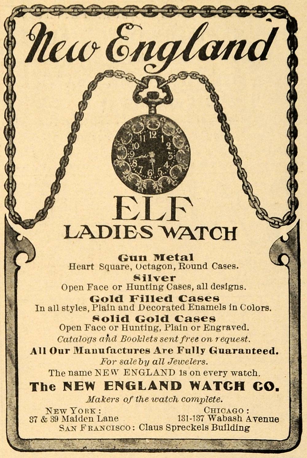 1903 Ad New England Elf Ladies Watch Silver Jewelry - ORIGINAL ADVERTISING TIN4