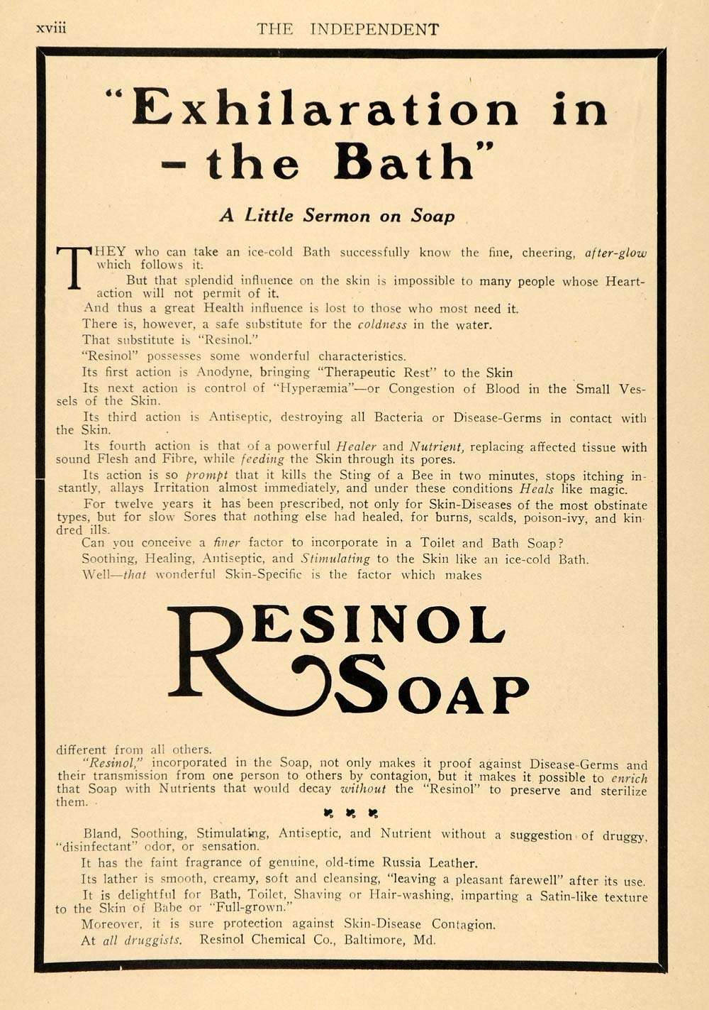 1910 Ad Exhilaration in Bath Resinol Skin Soap Sermon - ORIGINAL TIN4