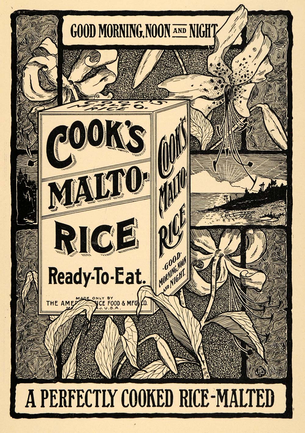 1907 Ad Lily Flowers Cook's Malto-Rice Ready to Eat - ORIGINAL ADVERTISING TIN4