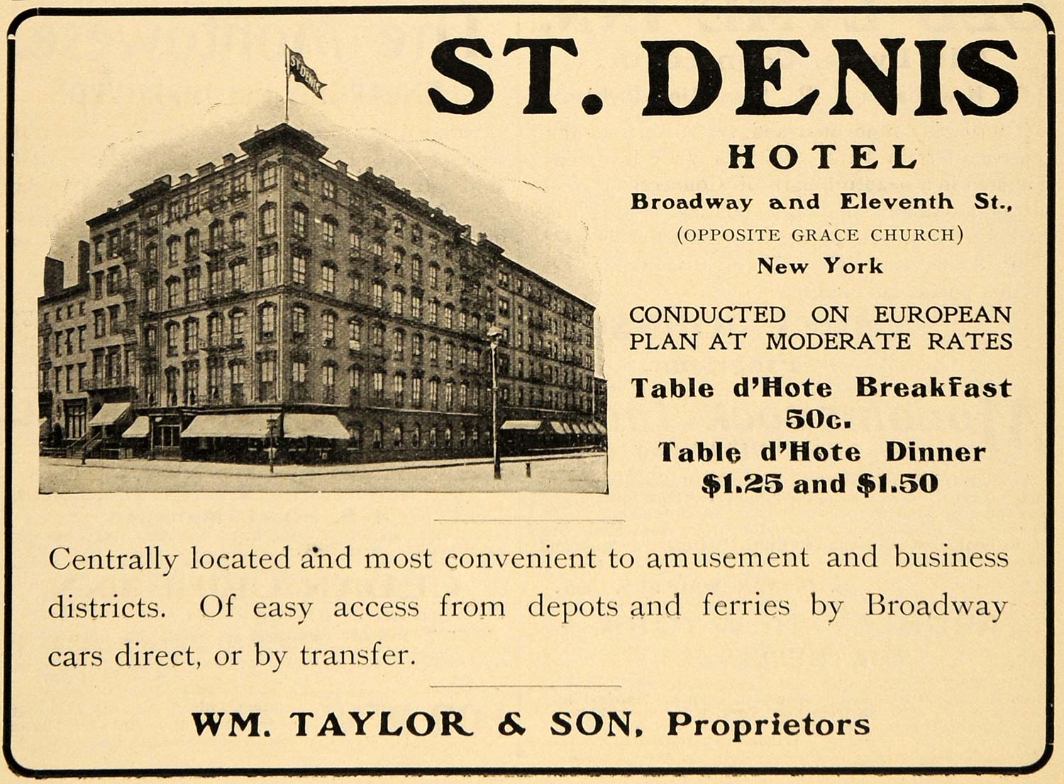 1902 Ad St. Denis Hotel William Taylor New York Rates - ORIGINAL TIN4