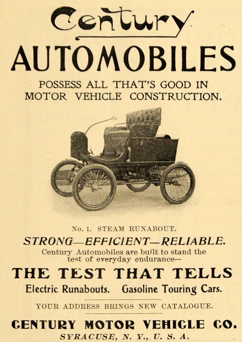 1902 Ad Antique Century Steam Runabout Automobiles - ORIGINAL ADVERTISING TIN4