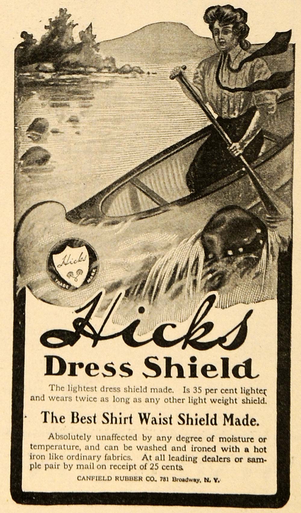 1904 Ad Canfield Rubber Hicks Dress Shield Canoeing - ORIGINAL ADVERTISING TIN4