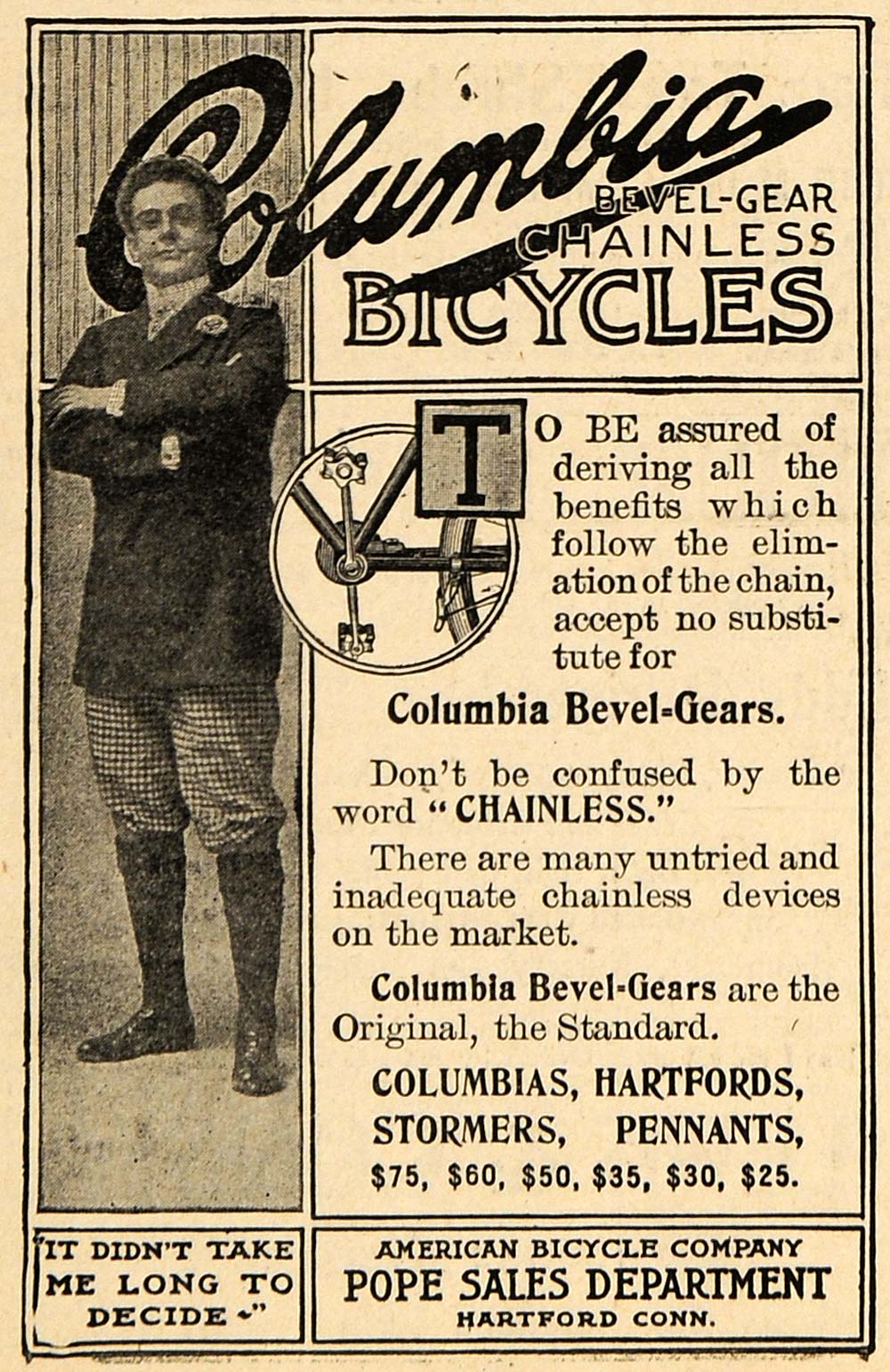 1900 Ad Columbia Bevel Gear Chainless Bicycles Pope Mfg - ORIGINAL TIN4