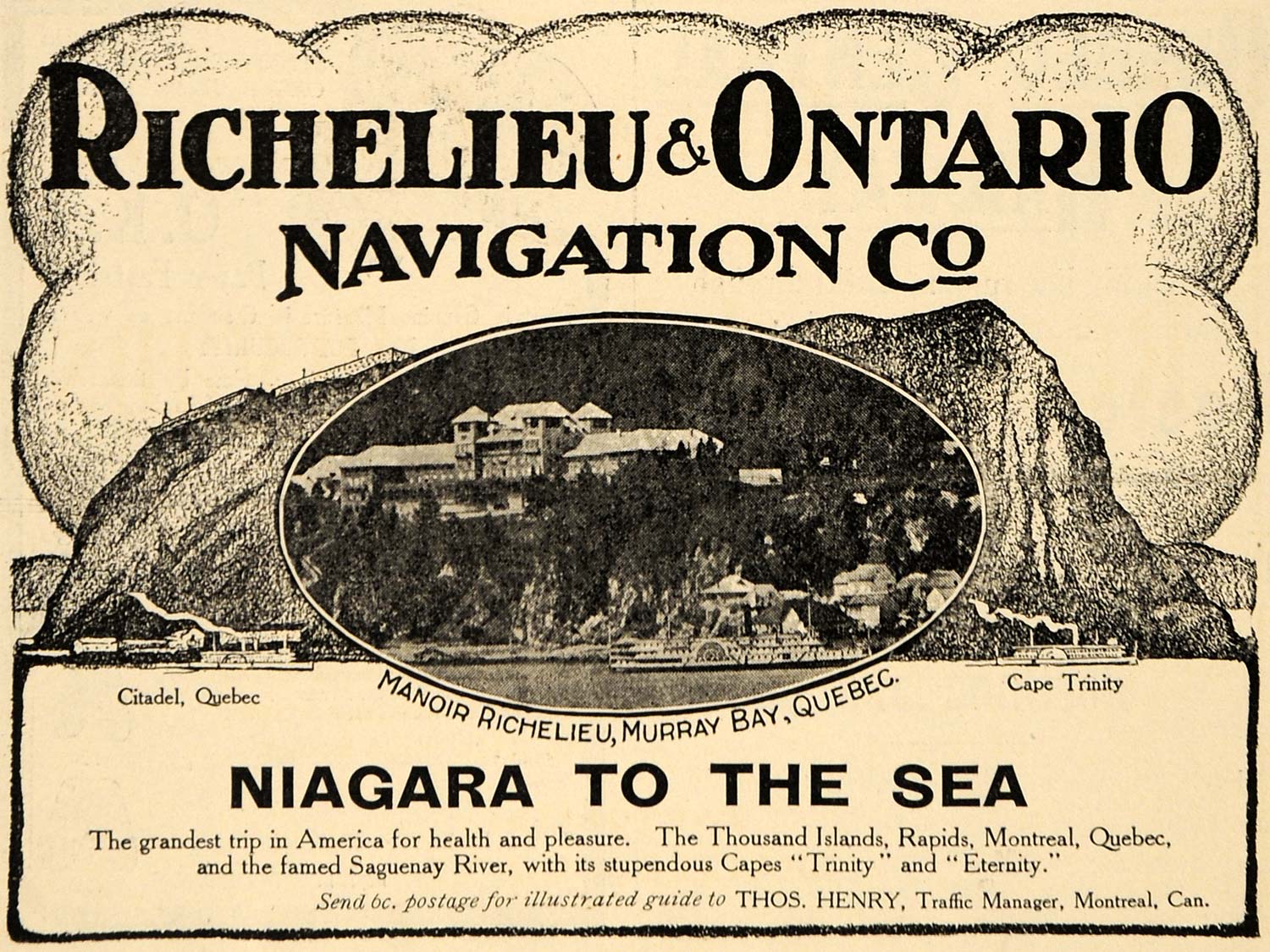 1907 Ad Manor Richelieu Ontario Navigation Cruises - ORIGINAL ADVERTISING TIN4