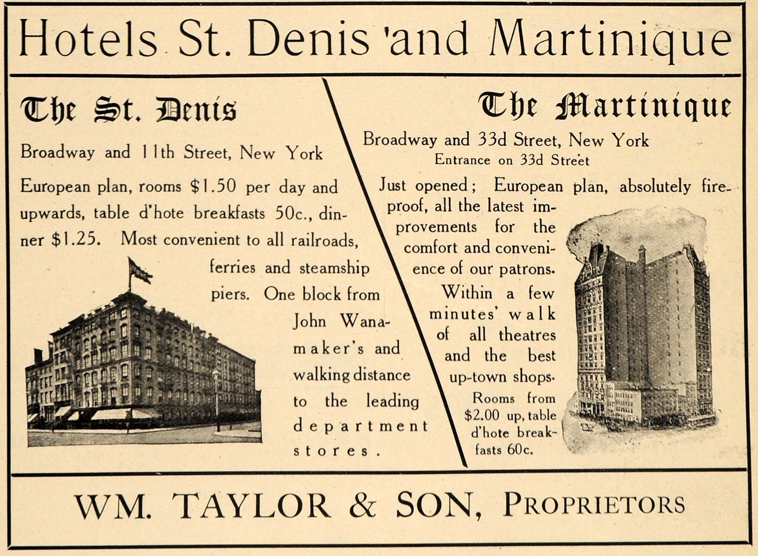1907 Ad St. Denis Hotel Martinique William Taylor NY - ORIGINAL ADVERTISING TIN4