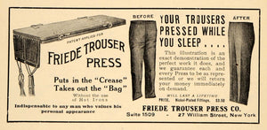 1907 Ad Friede Trouser Press Ironing Crease into Pants - ORIGINAL TIN4