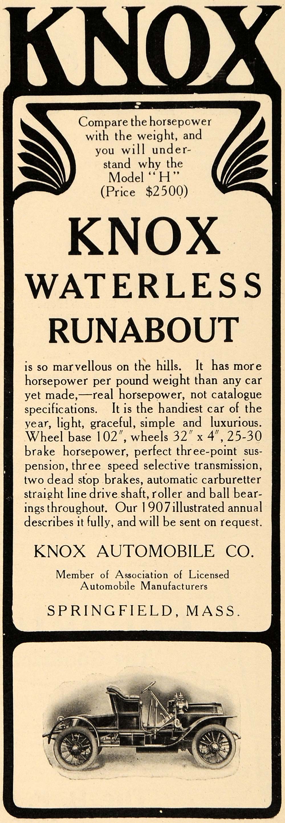 1907 Ad Knox Waterless Runabout Model H Horsepower - ORIGINAL ADVERTISING TIN4