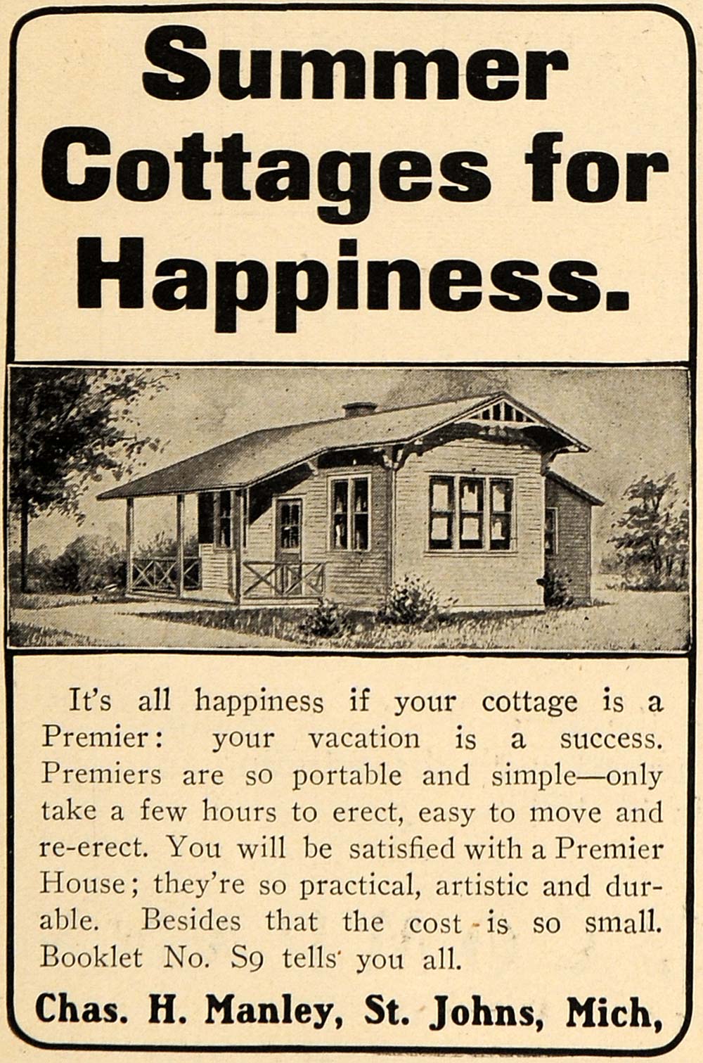 1906 Ad Charles H. Manley Portable Premier Cottages - ORIGINAL ADVERTISING TIN4