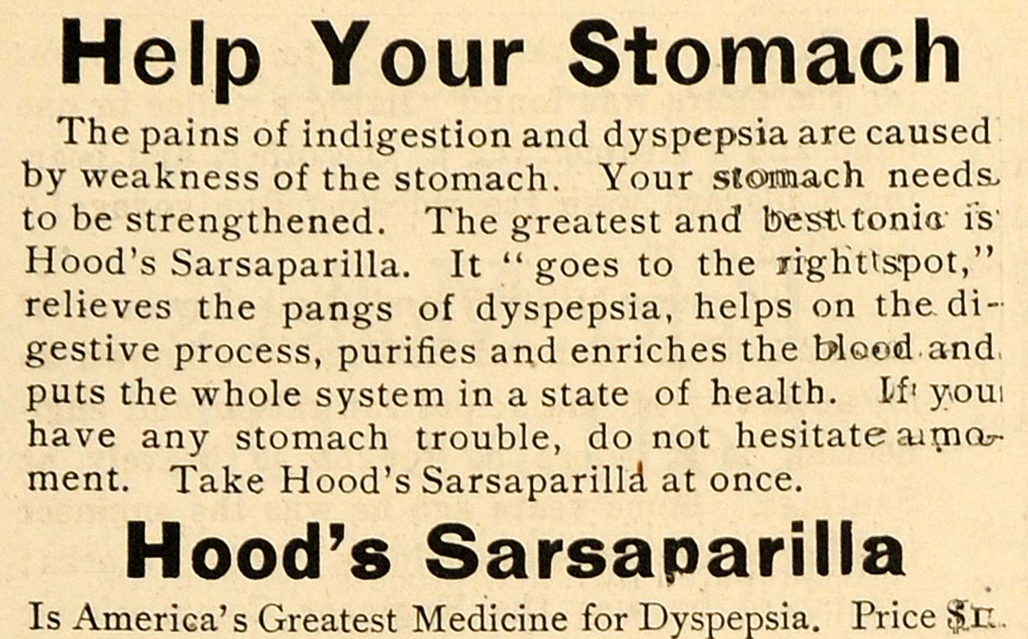 1898 Ad Hood's Sarsaparilla Indigestion Dyspepsia Cure - ORIGINAL TIN4