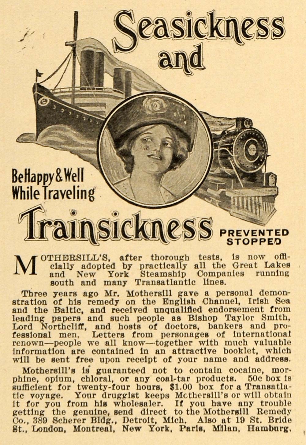 1912 Ad Mothersill's Seasickness Trainsickness Cure - ORIGINAL ADVERTISING TIN4