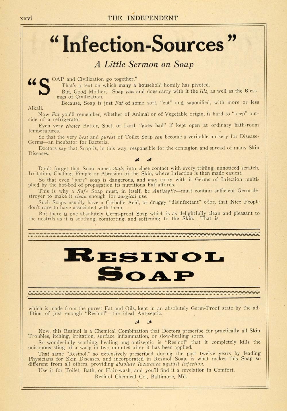 1909 Ad Resinol Soap Antiseptic Toilet Bath Baltimore - ORIGINAL TIN4