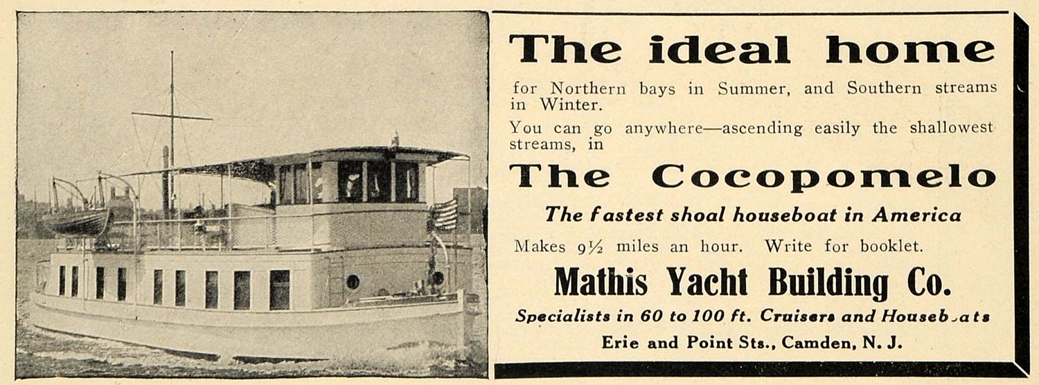 1911 Ad Mathis Yacht Building Cocopomelo Houseboat Fast - ORIGINAL TIN4