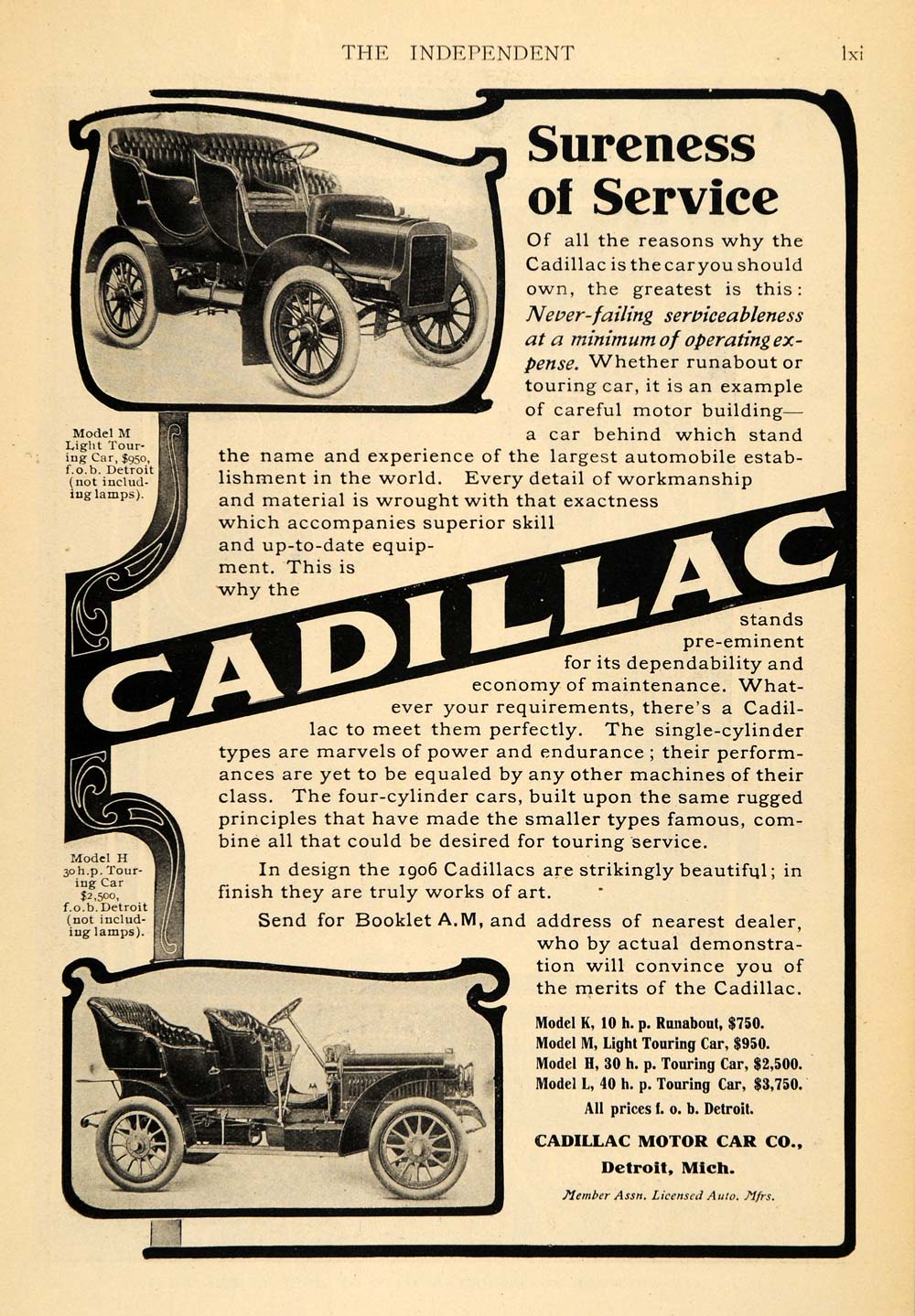 1906 Ad Cadillac Motor Car Co. Model M Light Touring - ORIGINAL ADVERTISING TIN5