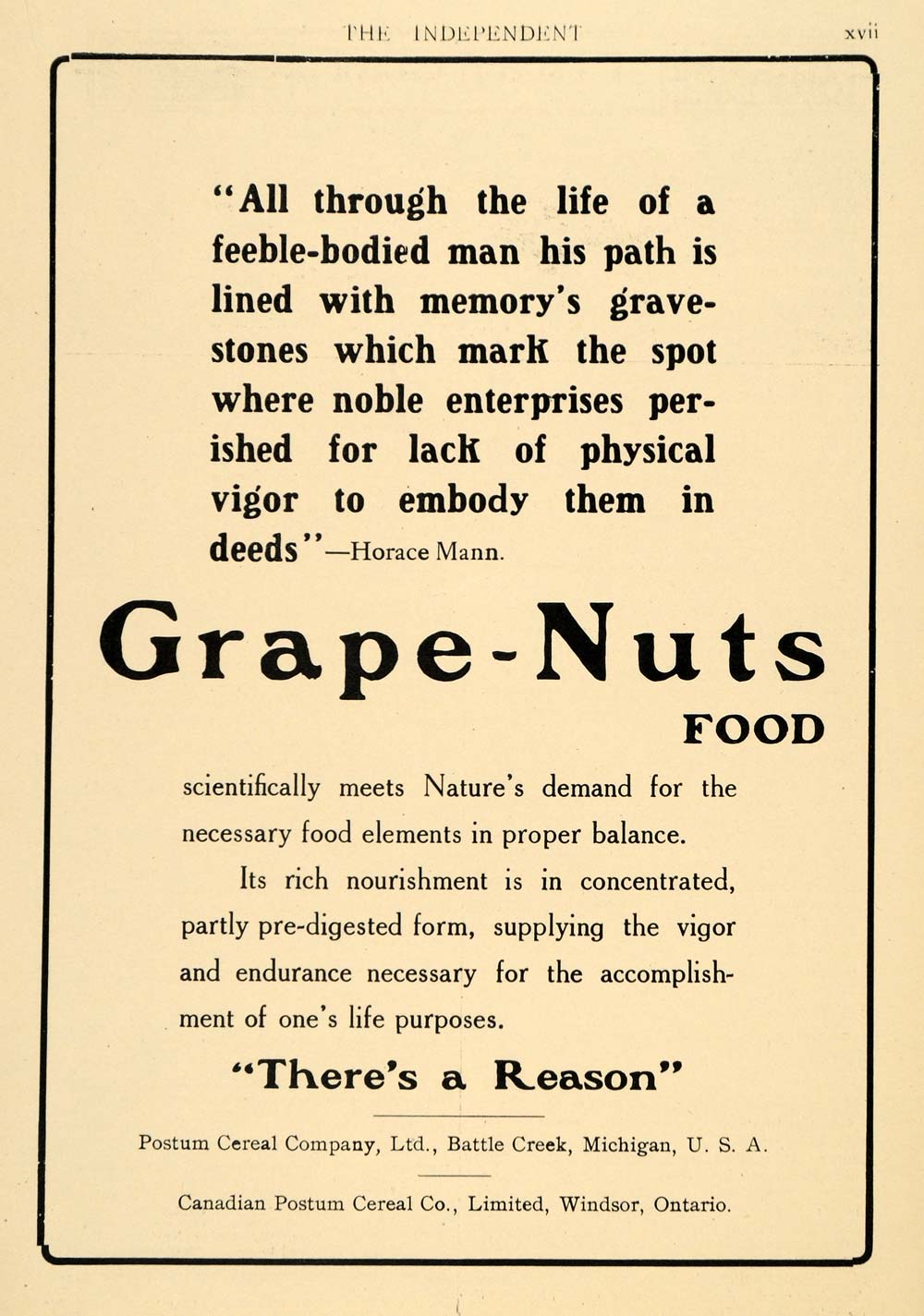 1911 Ad Postum Cereal Co. Grape-Nuts Breakfast Food - ORIGINAL ADVERTISING TIN5