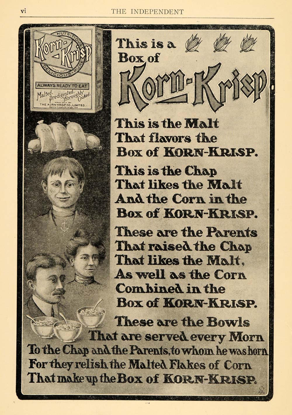 1903 Ad Korn-Krisp Co. Malted Flakes Corn Cereal Food - ORIGINAL TIN5