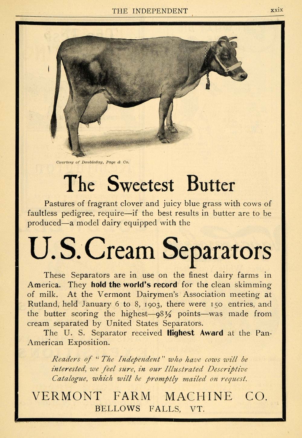 1903 Ad Vermont Farm Machine Co US Cream Separators Cow - ORIGINAL TIN5