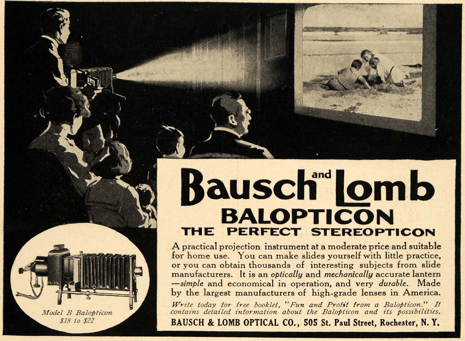 1913 Ad Bausch & Lomb Optical Co. Balopticon Camera - ORIGINAL ADVERTISING TIN5