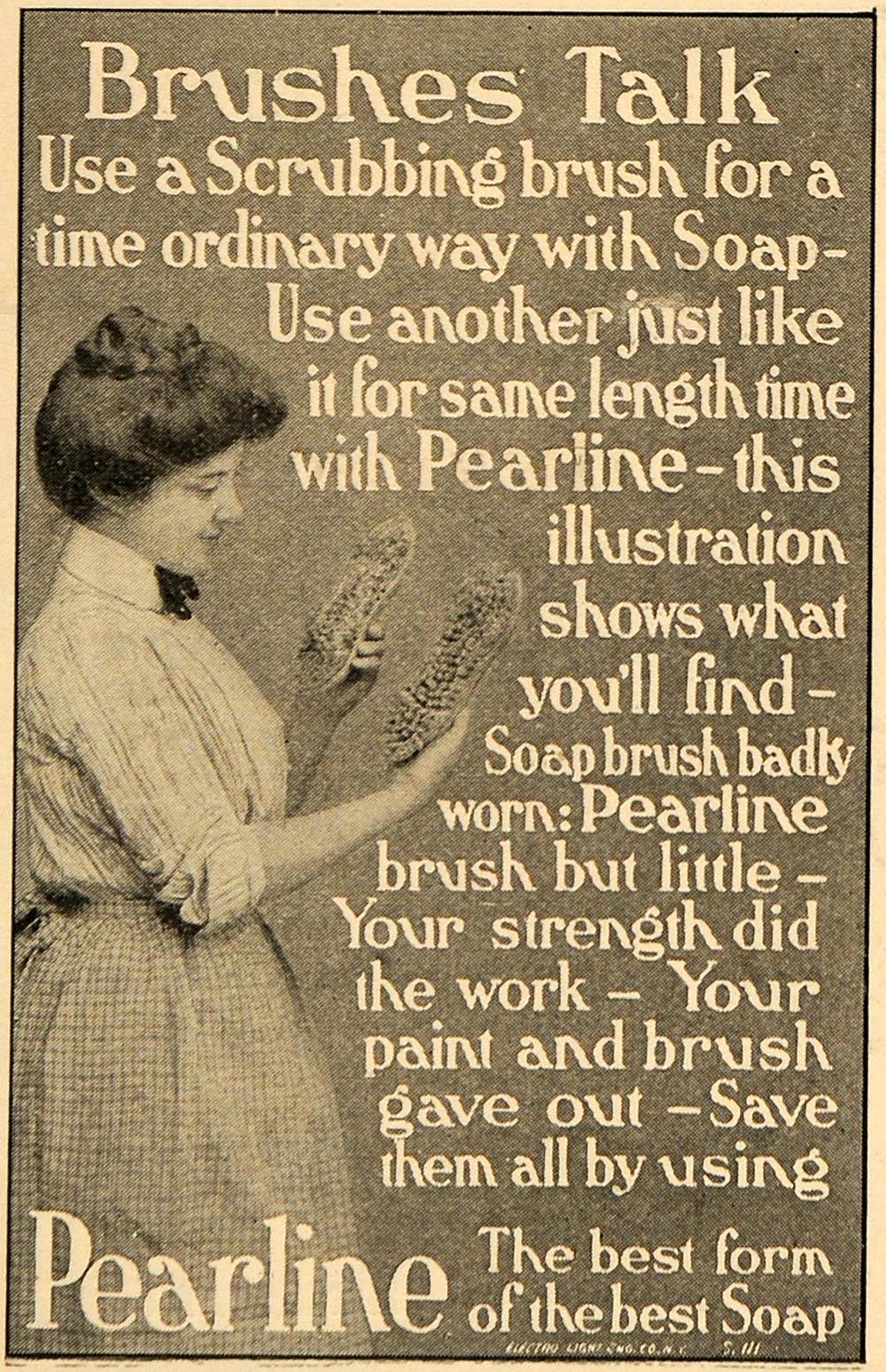 1903 Ad Woman James Pyle Pearline Hygiene Washing Soap Detergent Brush TIN5