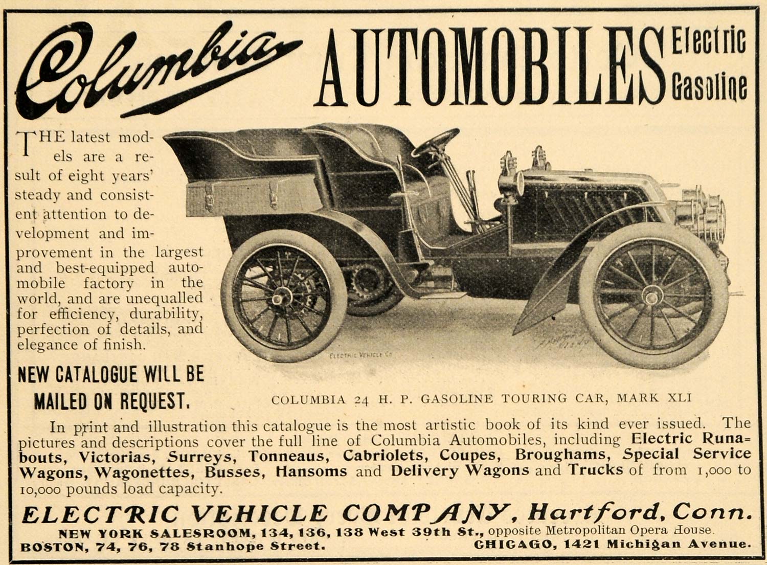 1903 Ad Electric Vehicle Columbia Gasoline Touring Car - ORIGINAL TIN5