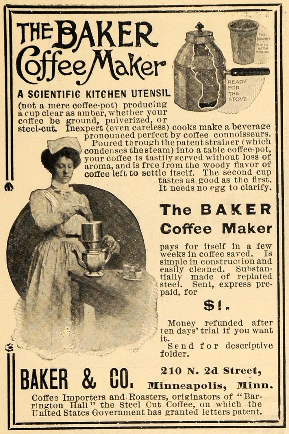 1903 Ad Baker & Co. Coffee Maker Kitchen Utensil Maid - ORIGINAL TIN5