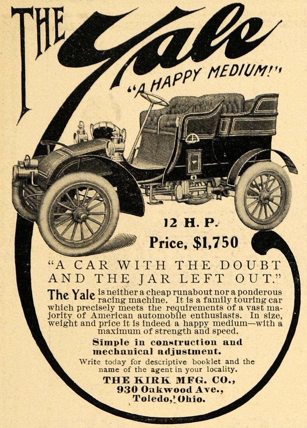 1903 Ad Kirk Manufacturing Co. Yale Automobile Ohio - ORIGINAL ADVERTISING TIN5