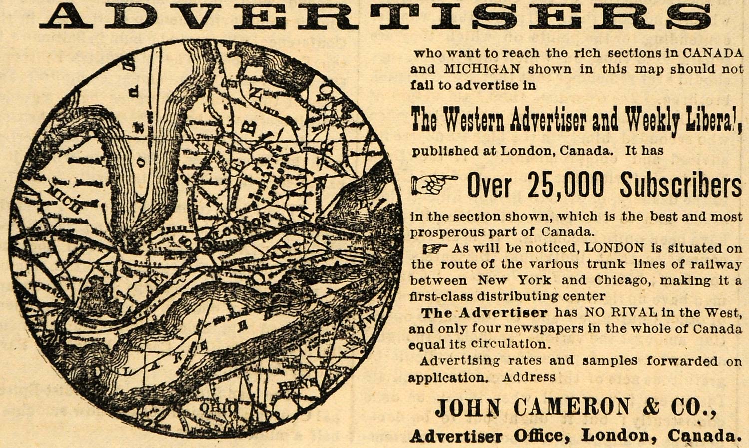1882 Ad John Cameron Western Advertiser Weekly LIberal - ORIGINAL TIN6