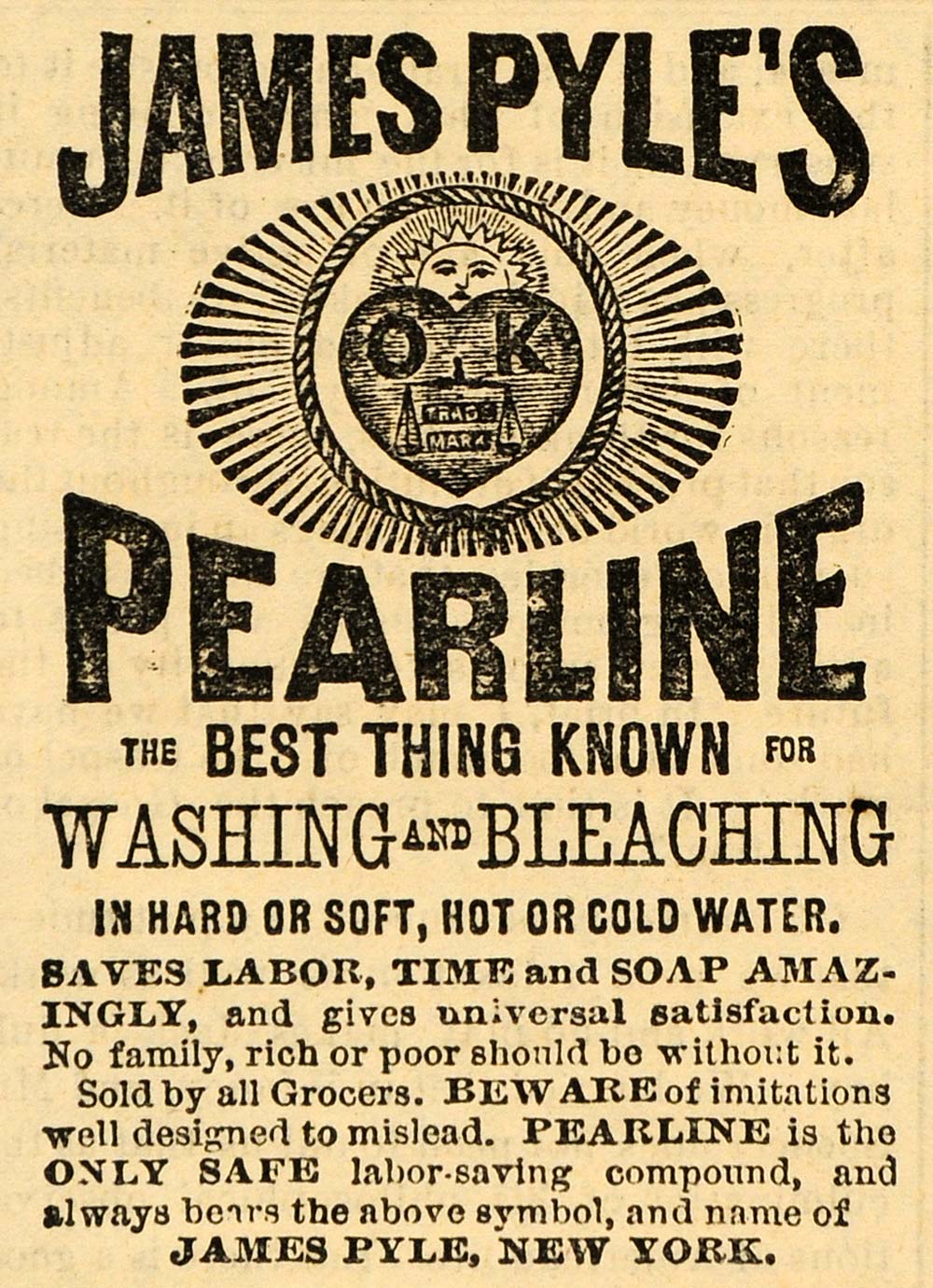 1882 Ad James Pyle's Pearline Soap Washing Detergent - ORIGINAL ADVERTISING TIN6