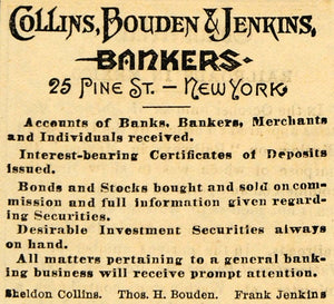 1882 Ad Bankers S. Collins Thomas Bouden Frank Jenkins - ORIGINAL TIN6