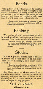 1882 Ad Fisk & Hatch Banking Bonds Stocks NY Exchange - ORIGINAL TIN6