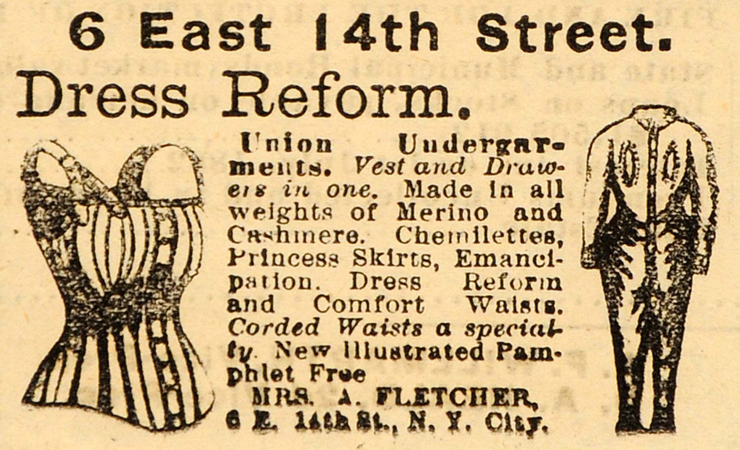 1882 Ad Mrs. A. Fletcher Union Undergarments Clothing - ORIGINAL TIN6