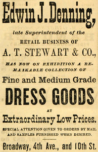 1882 Ad Edwin J. Denning A. T. Stewart Retail Store - ORIGINAL ADVERTISING TIN6