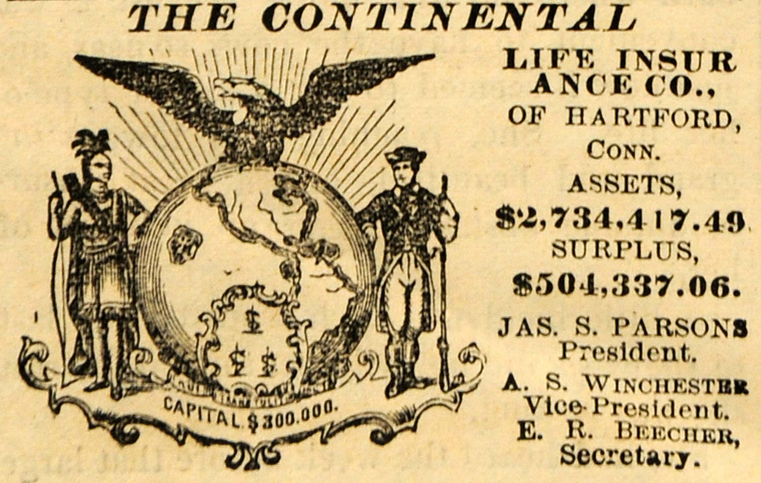 1882 Ad Continental Life Insurance Hartford Connecticut - ORIGINAL TIN6