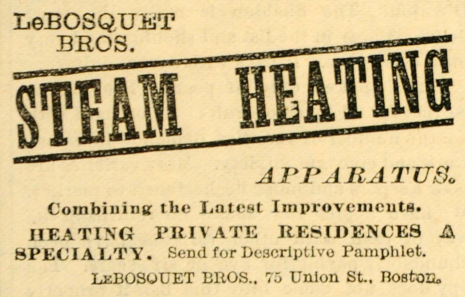 1882 Ad LeBosquet Bros. Steam Heating Apparatus Boston - ORIGINAL TIN6