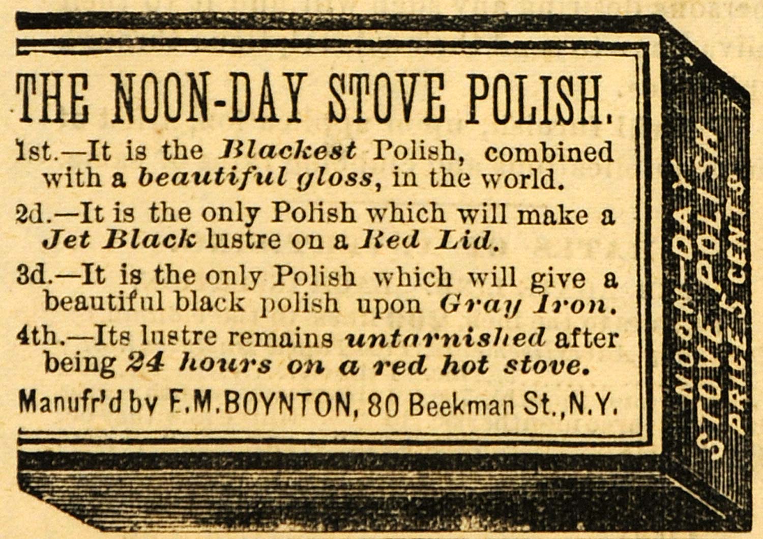 1882 Ad Noon-Day Stove Black Polish F. M. Boynton NY - ORIGINAL ADVERTISING TIN6