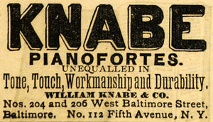 1882 Ad William Knabe Pianofortes Musical Instruments - ORIGINAL TIN6