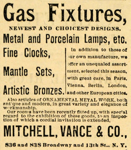 1882 Ad Mitchell Vance Gas Fixtures Home Decorations - ORIGINAL ADVERTISING TIN6