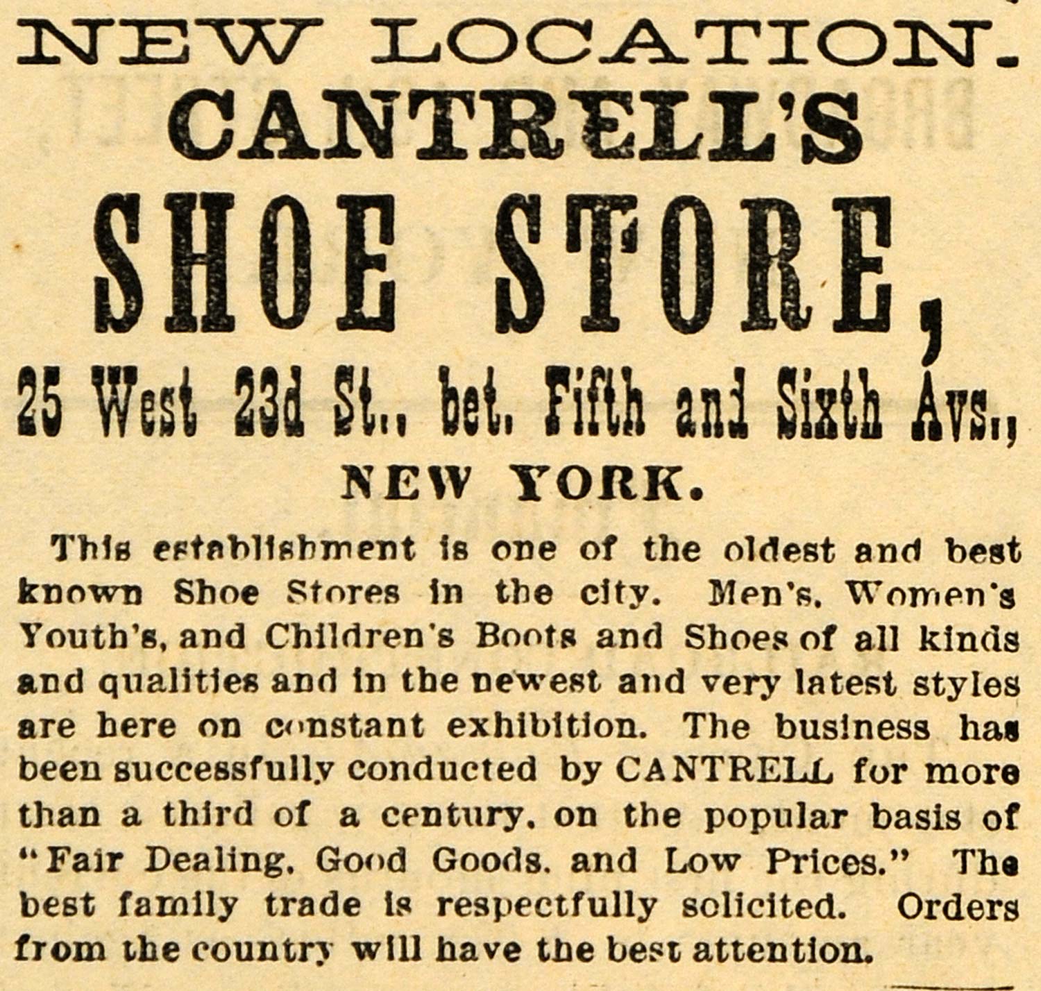 1882 Ad Cantrell's Shoe Store Fashion New York - ORIGINAL ADVERTISING TIN6