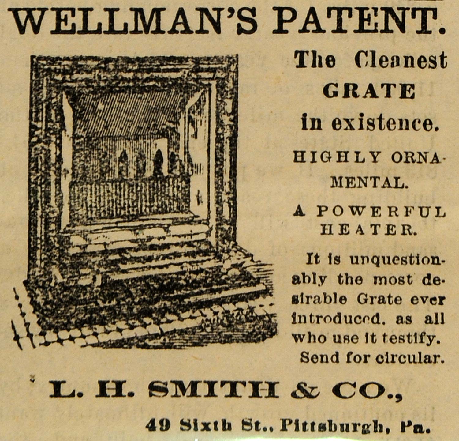1882 Ad Wellman's Patent Grate Fireplace L. H. Smith - ORIGINAL ADVERTISING TIN6