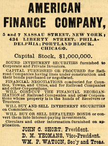 1882 Ad American Finance Stock Investment Securities - ORIGINAL ADVERTISING TIN6