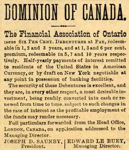 1882 Ad Financial Association of Ontario Canada Saunby - ORIGINAL TIN6