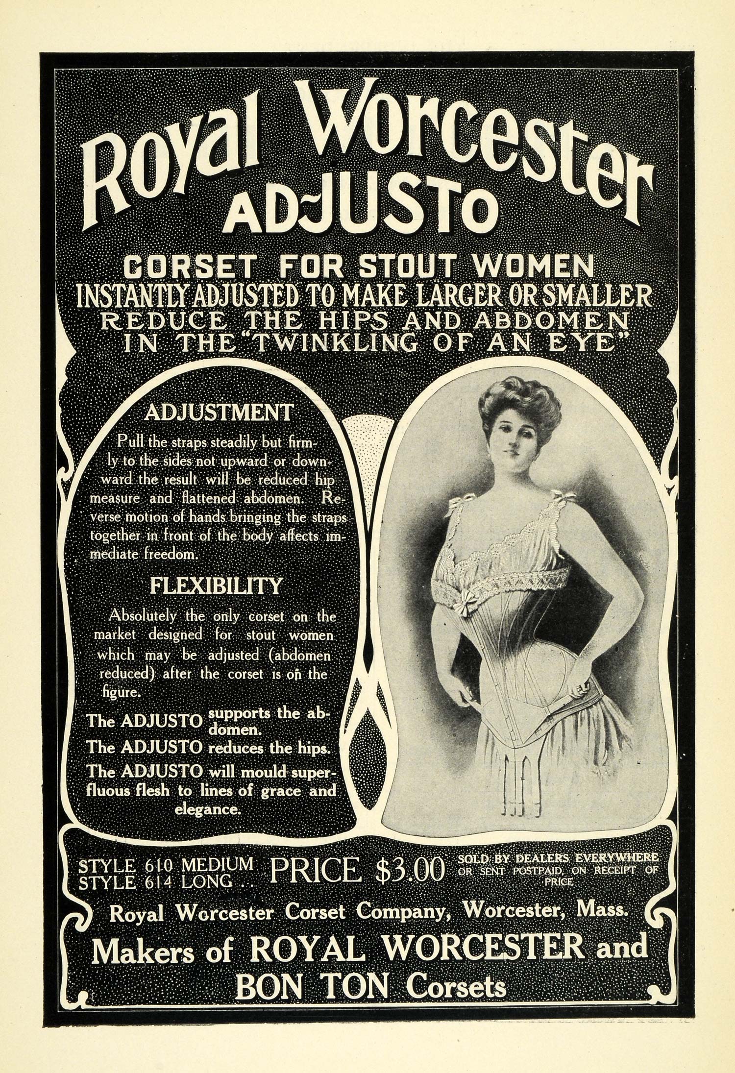 1907 Ad Royal Worcester Adjusto Bon Ton Corsets Stout Women Victorian TIN6
