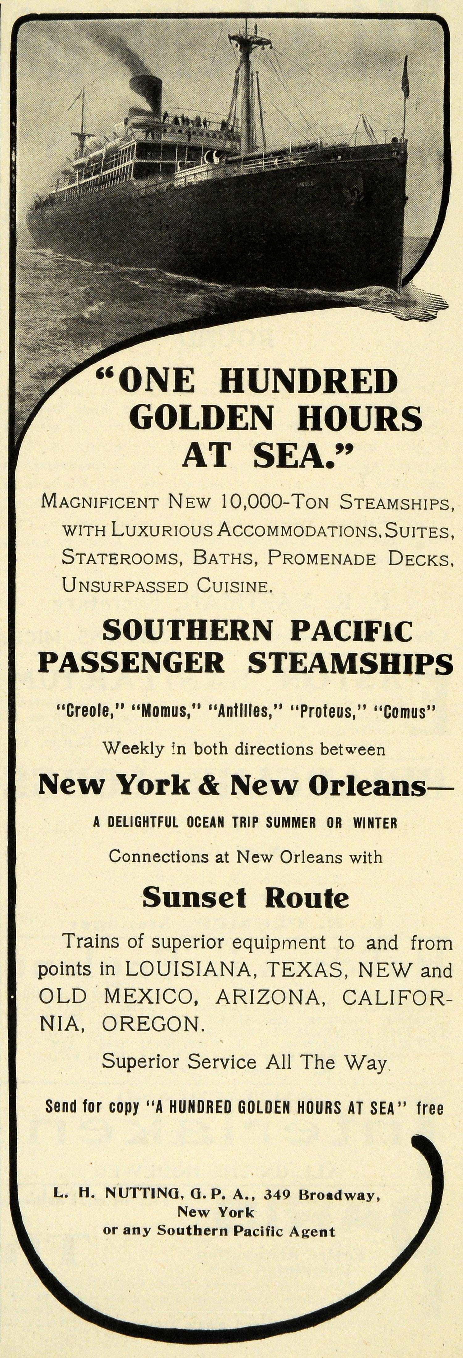 1908 Ad Southern Pacific Passenger Steamship Cruises Sunset Route L. H TIN6