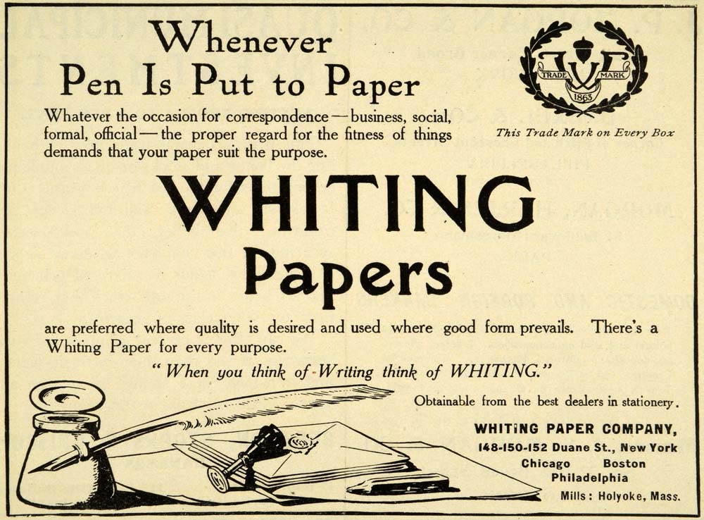 1908 Ad Whiting Papers Feather Pen Logo Writing Stationary Business TIN6