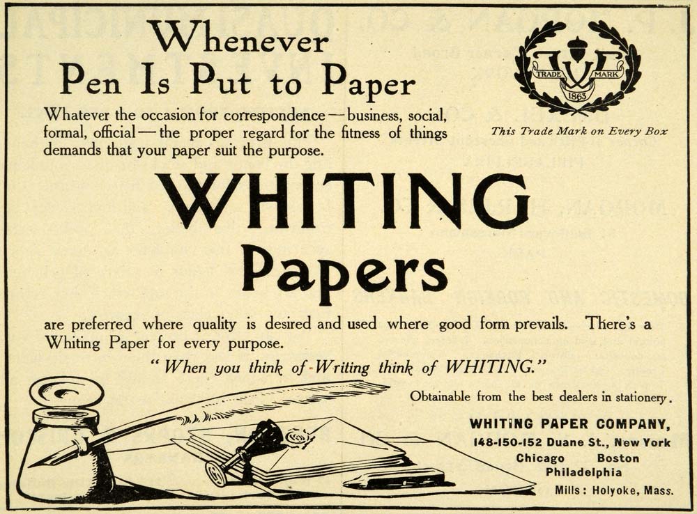 1908 Ad Whiting Papers Feather Pen Logo Writing Stationary Business TI ...