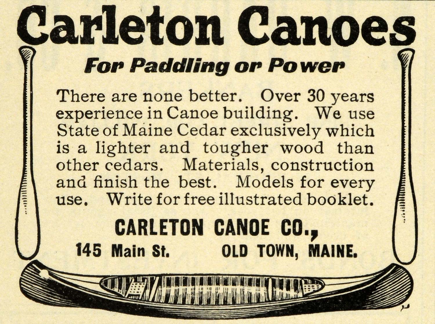 1908 Ad Carleton Canoes Paddling Old Town Maine Cedar Materials Boating TIN6