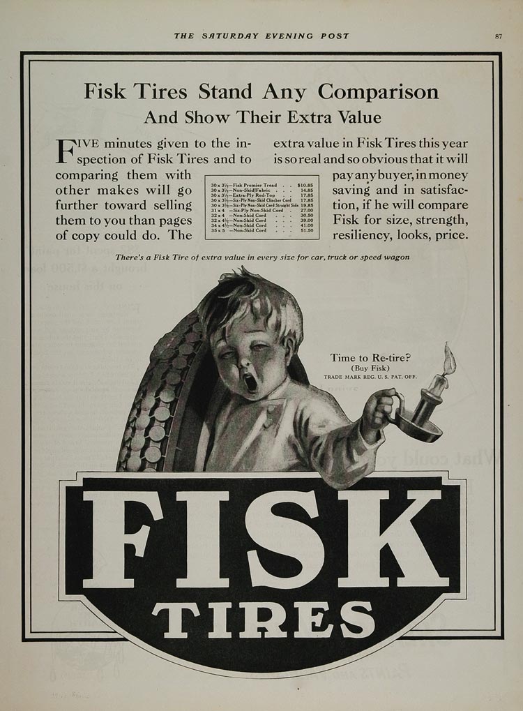 1922 Vintage B/W Ad Fisk Tires Sizes Price List Boy - ORIGINAL ADVERTISING TIR1